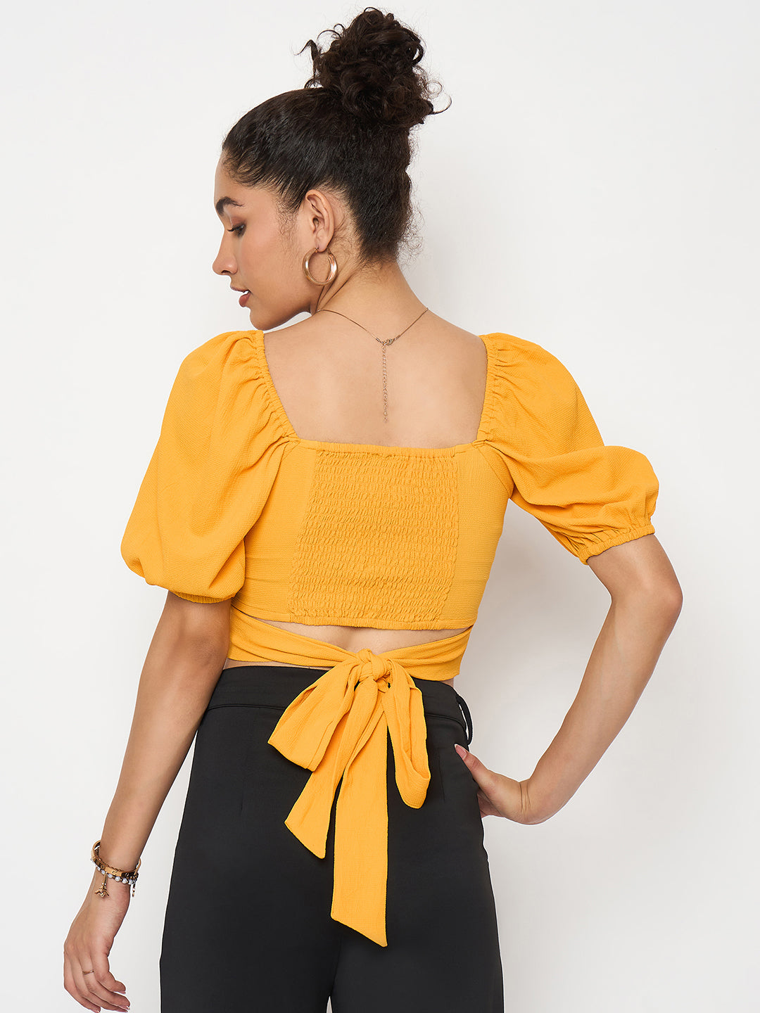 Style Quotient Women Yellow Solid Cut-Out Detail Smocked Bardot Crop Top-Tops-StyleQuotient