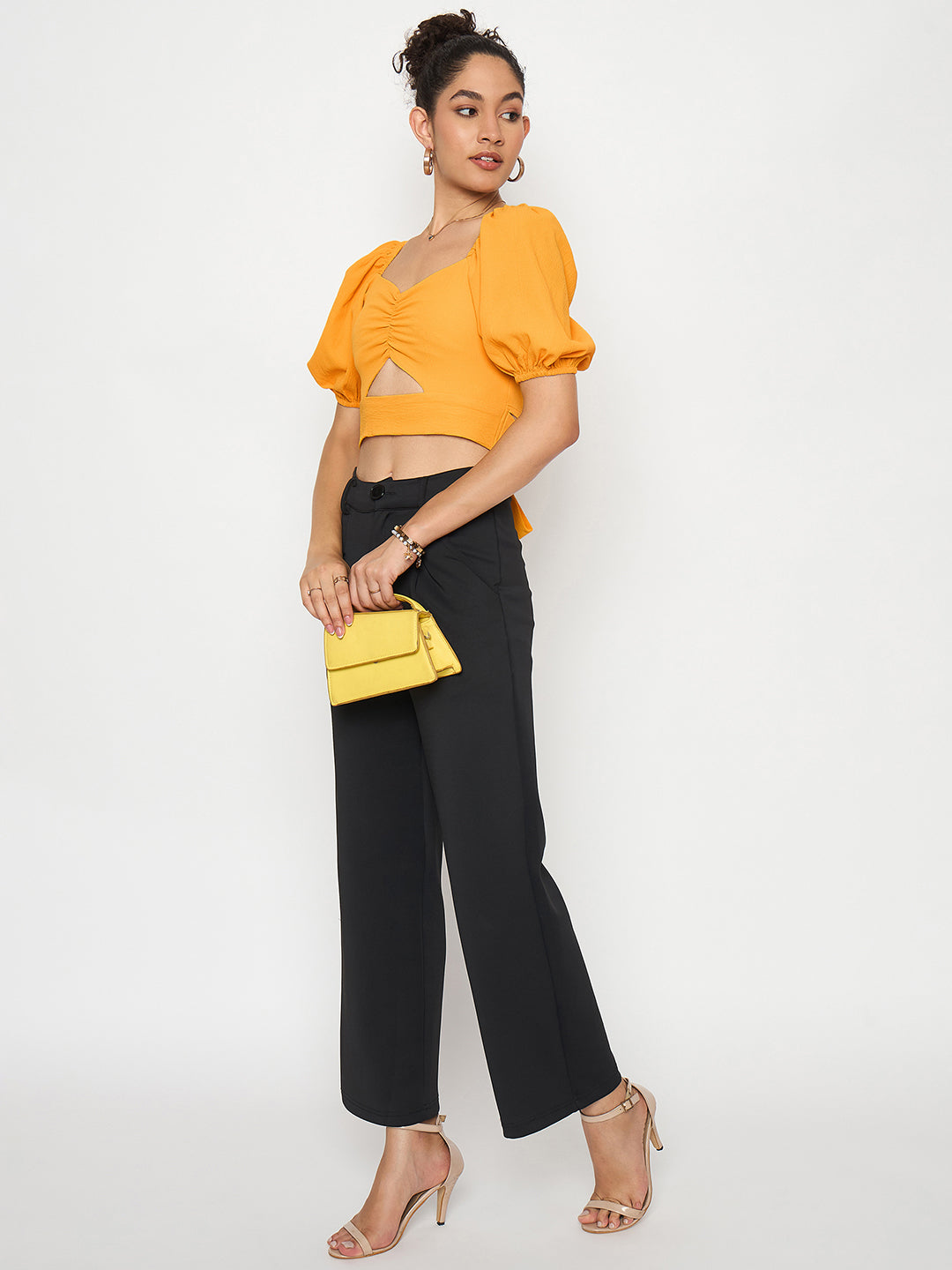 Style Quotient Women Yellow Solid Cut-Out Detail Smocked Bardot Crop Top-Tops-StyleQuotient