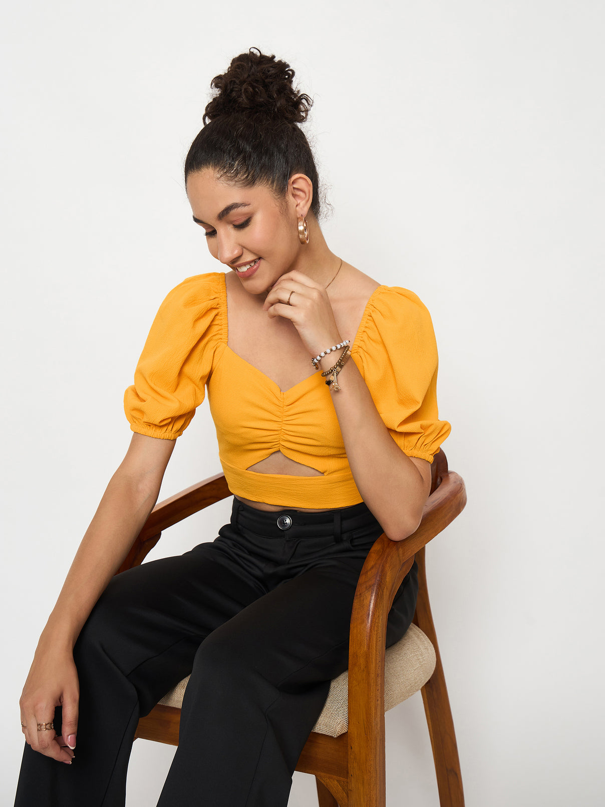 Style Quotient Women Yellow Solid Cut-Out Detail Smocked Bardot Crop Top-Tops-StyleQuotient