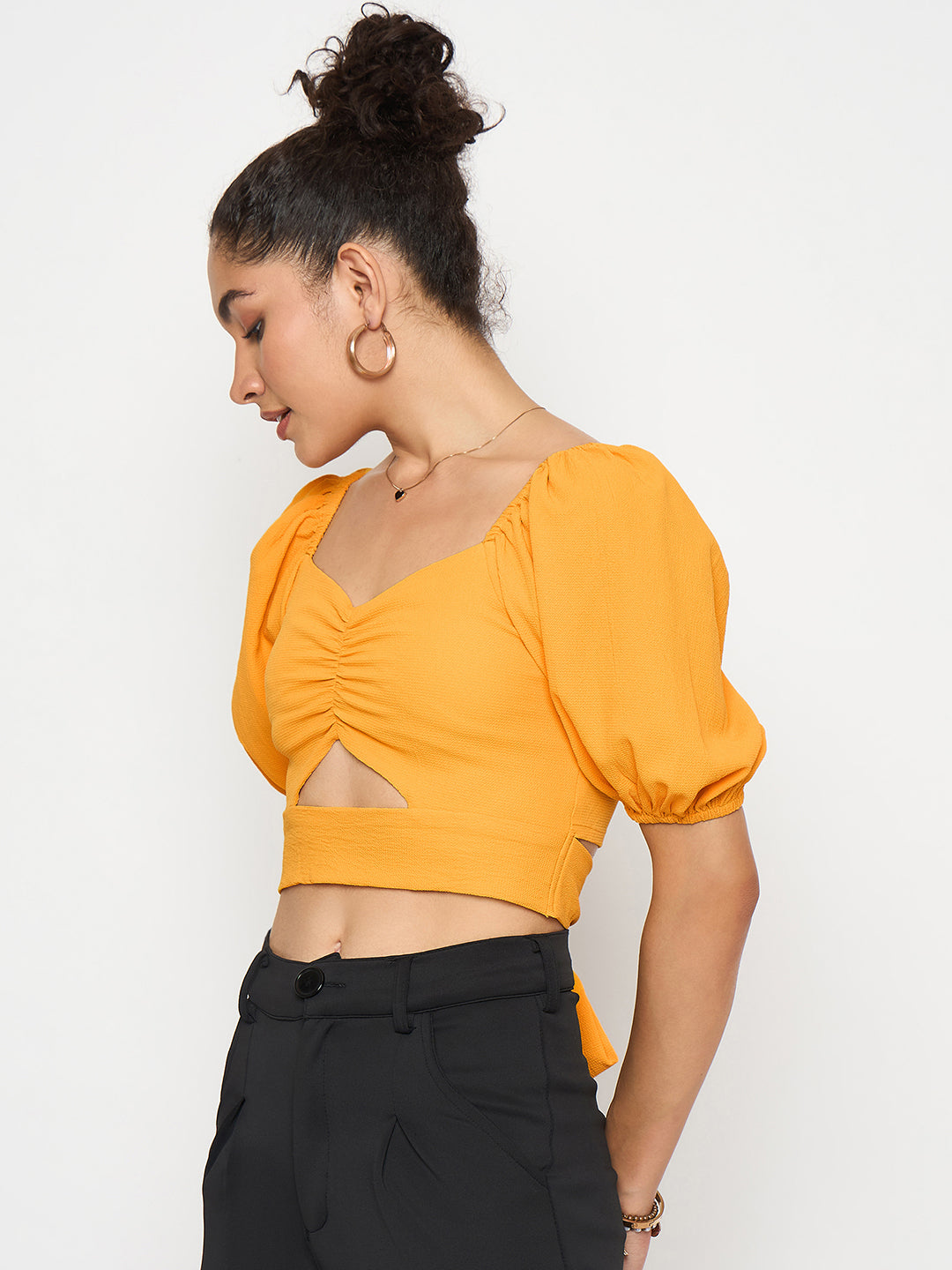 Style Quotient Women Yellow Solid Cut-Out Detail Smocked Bardot Crop Top-Tops-StyleQuotient