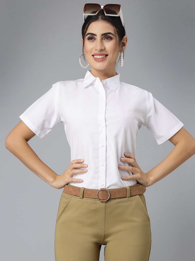 Style Quotient Women White Cotton Blend Formal Short Sleeve Shirt-Shirts-StyleQuotient