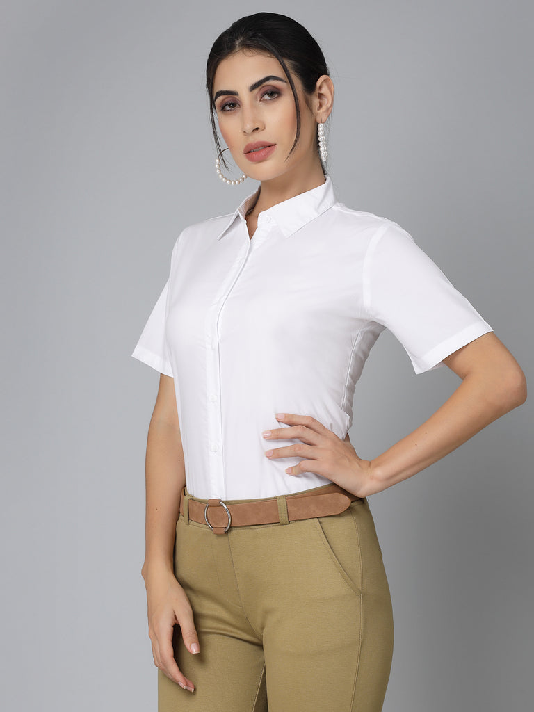 Style Quotient Women White Cotton Blend Formal Short Sleeve Shirt-Shirts-StyleQuotient