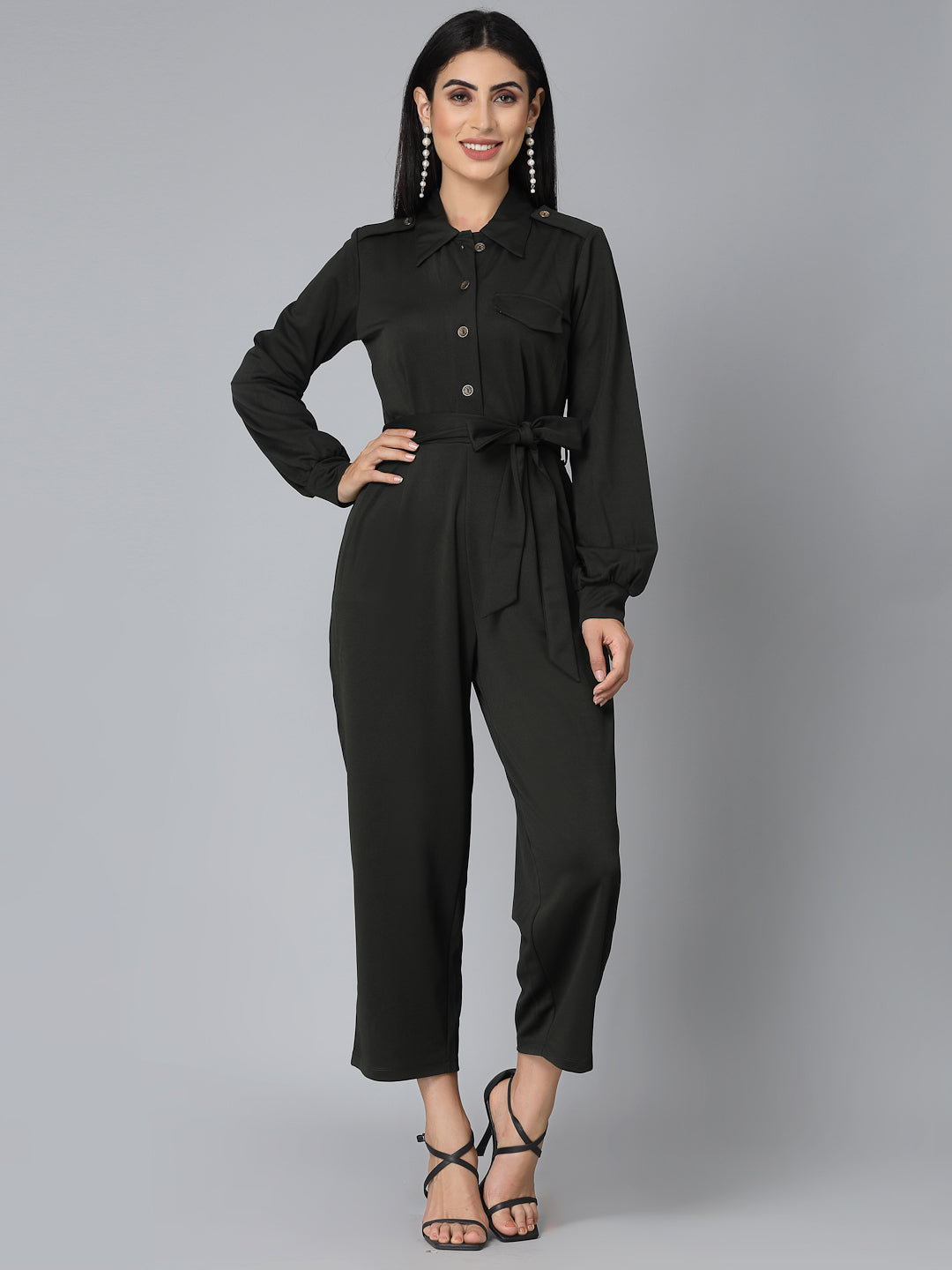 Style Quotient Women Self Design Olive Smart Casual Jumpsuit-Jumpsuits-StyleQuotient