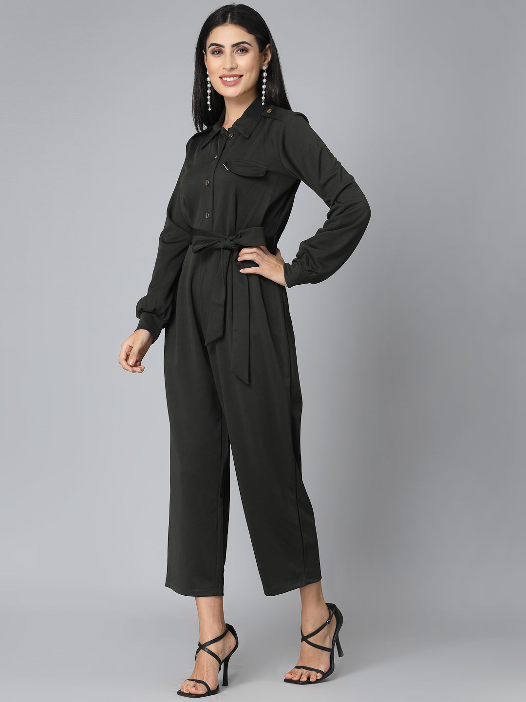 Style Quotient Women Self Design Olive Smart Casual Jumpsuit-Jumpsuits-StyleQuotient