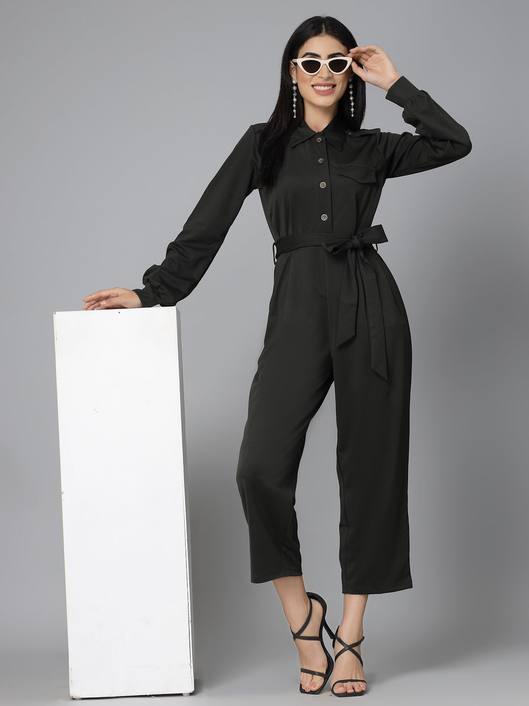 Style Quotient Women Self Design Olive Smart Casual Jumpsuit-Jumpsuits-StyleQuotient