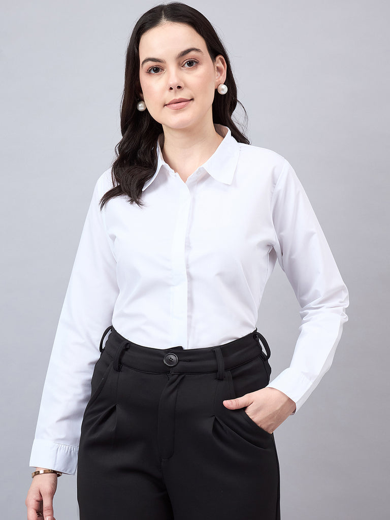 Style Quotient Women White Cotton Blend Formal Long Sleeve Shirt-Shirts-StyleQuotient