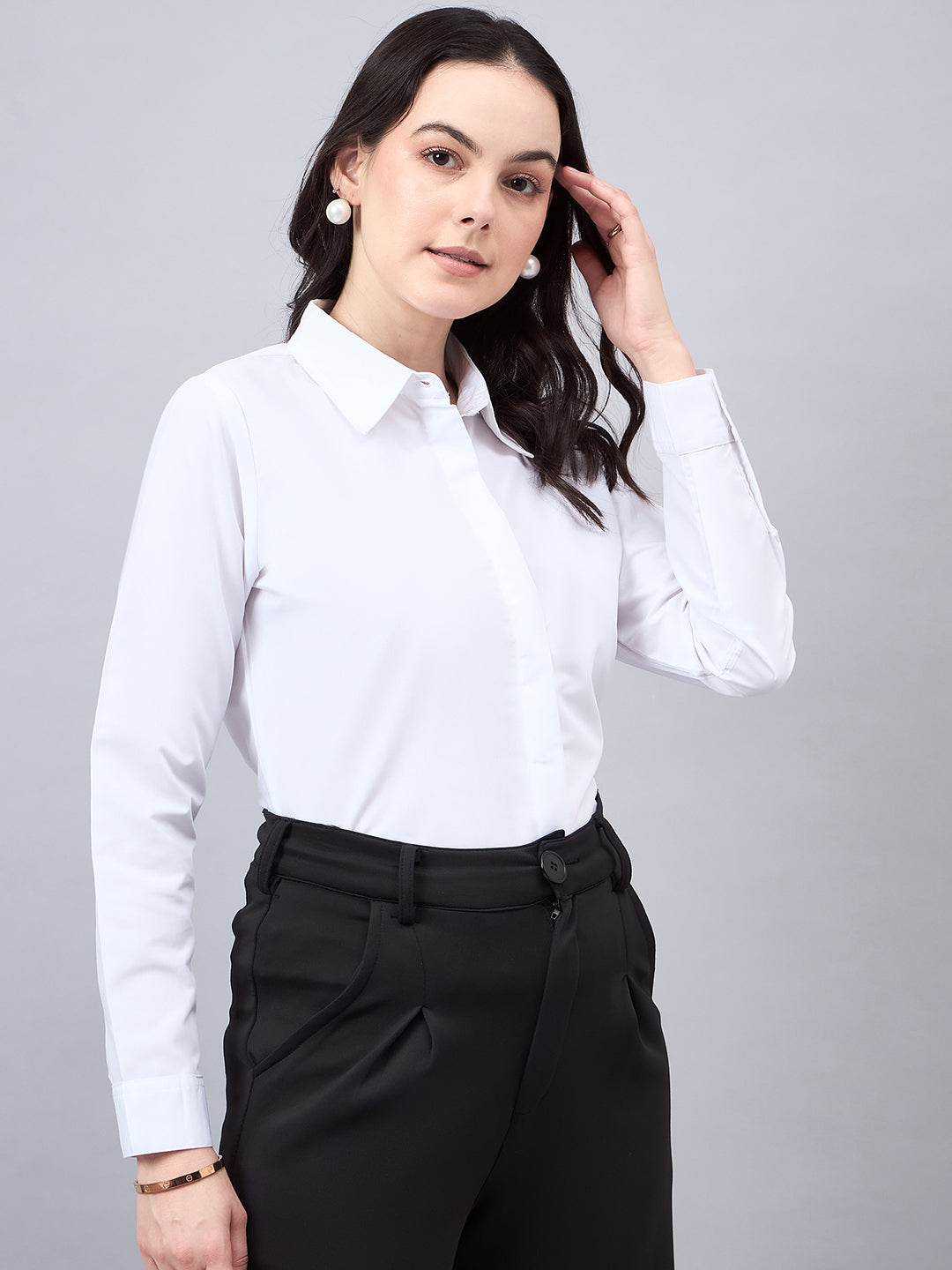 Style Quotient Women White Cotton Blend Formal Long Sleeve Shirt-Shirts-StyleQuotient