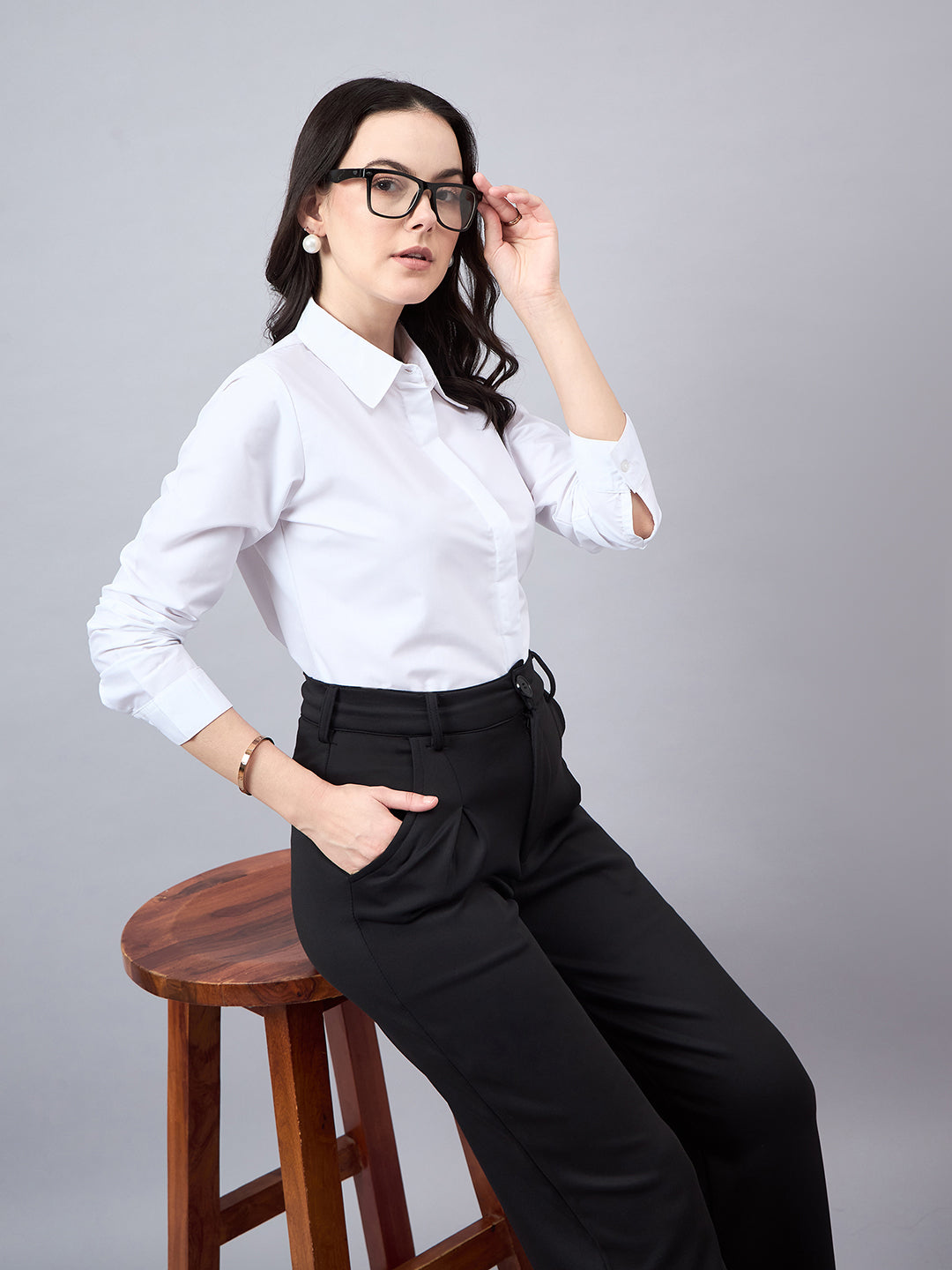 Style Quotient Women White Cotton Blend Formal Long Sleeve Shirt-Shirts-StyleQuotient