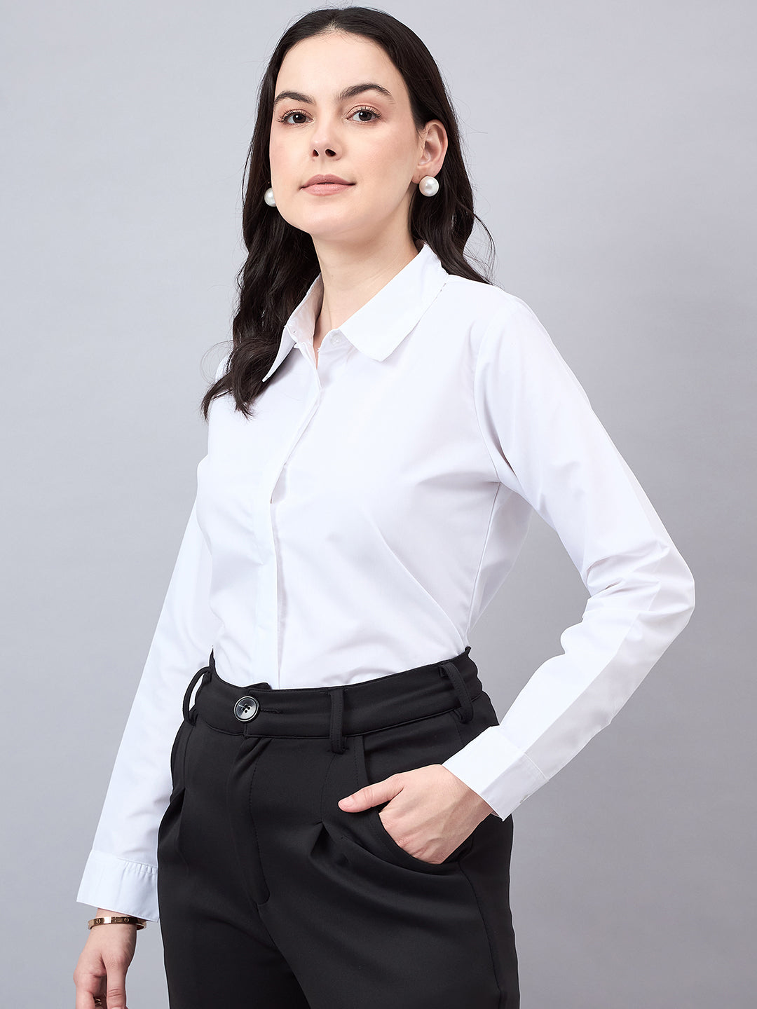 Style Quotient Women White Cotton Blend Formal Long Sleeve Shirt-Shirts-StyleQuotient