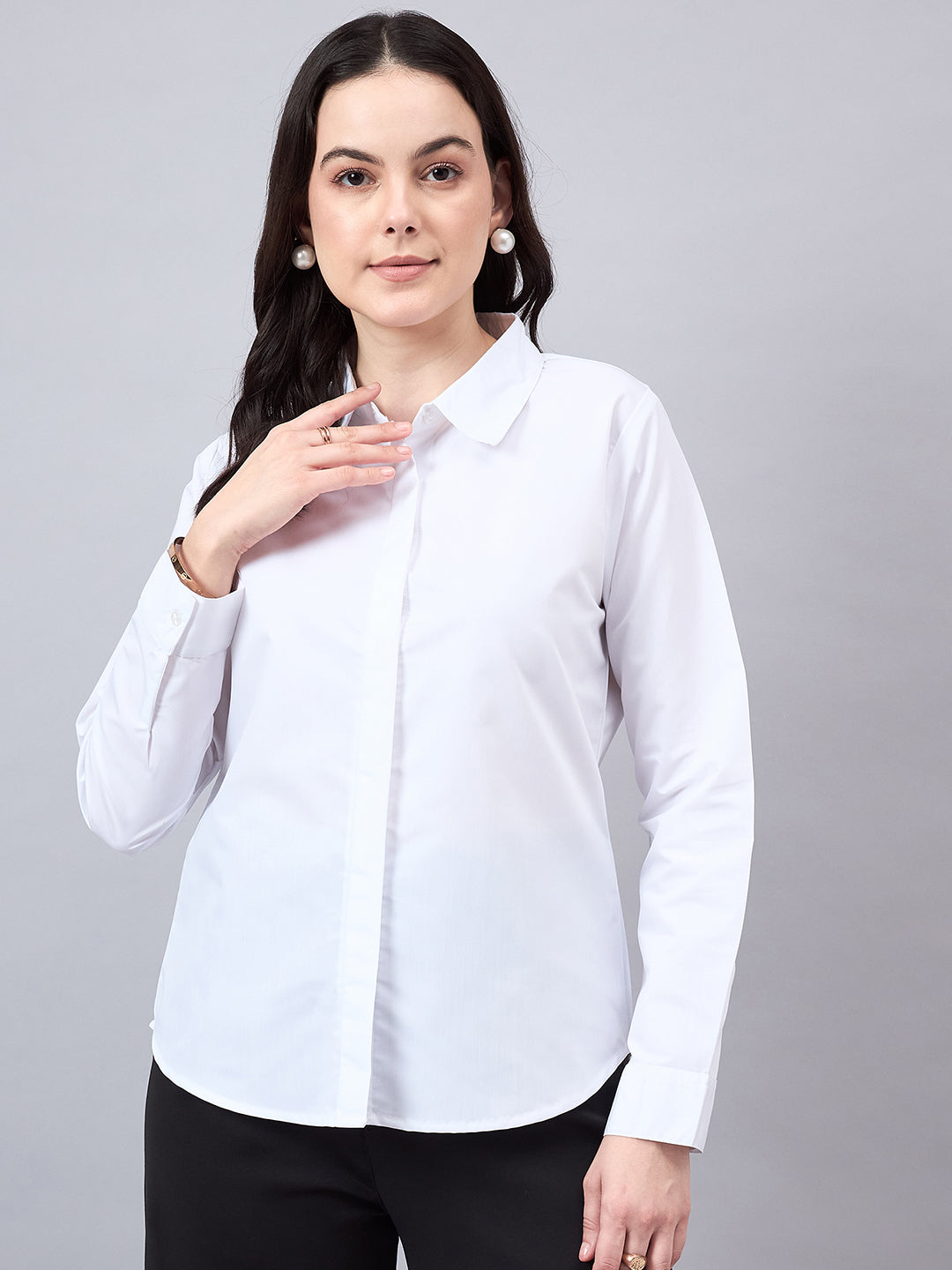 Style Quotient Women White Cotton Blend Formal Long Sleeve Shirt-Shirts-StyleQuotient