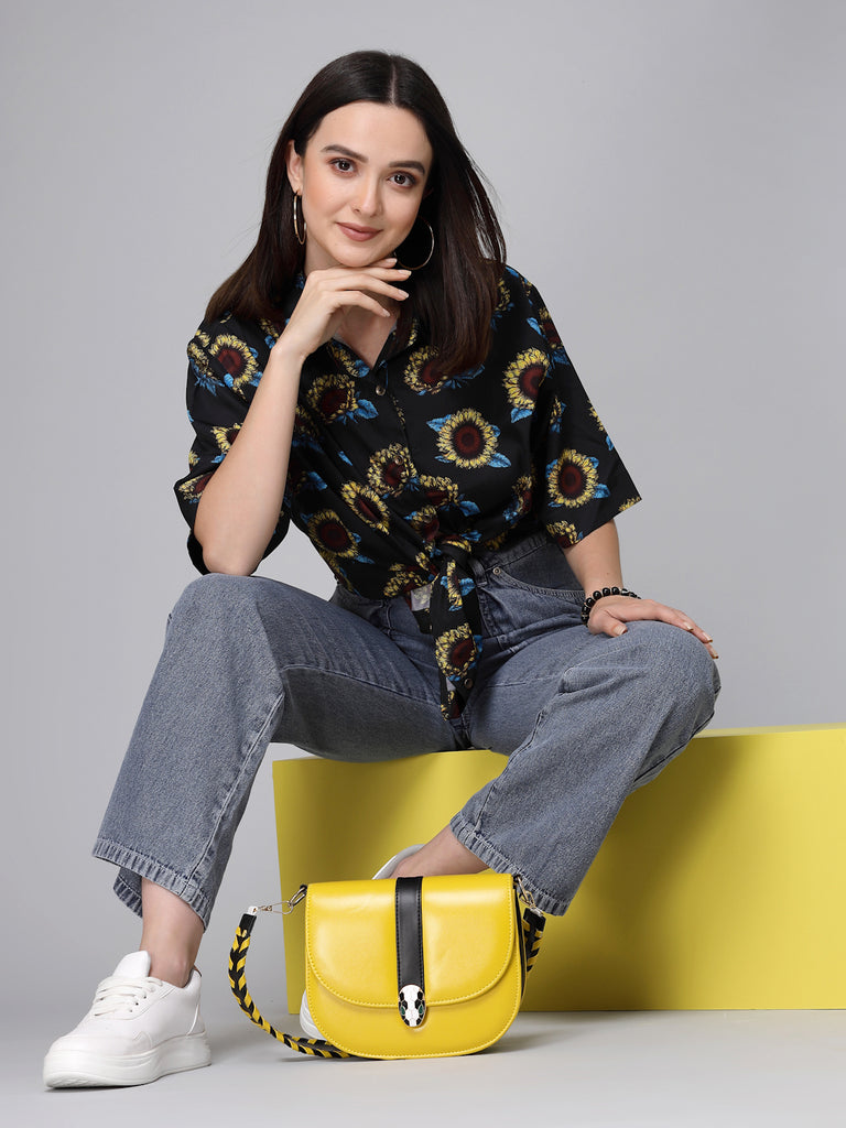 Style Quotients Women Black Yellow Printed Polyester Boxy Casual Shirt-Shirts-StyleQuotient