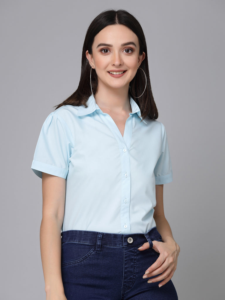 Style Quotient Women Light Blue Cotton Blend Formal Short Sleeve Shirt-Shirts-StyleQuotient