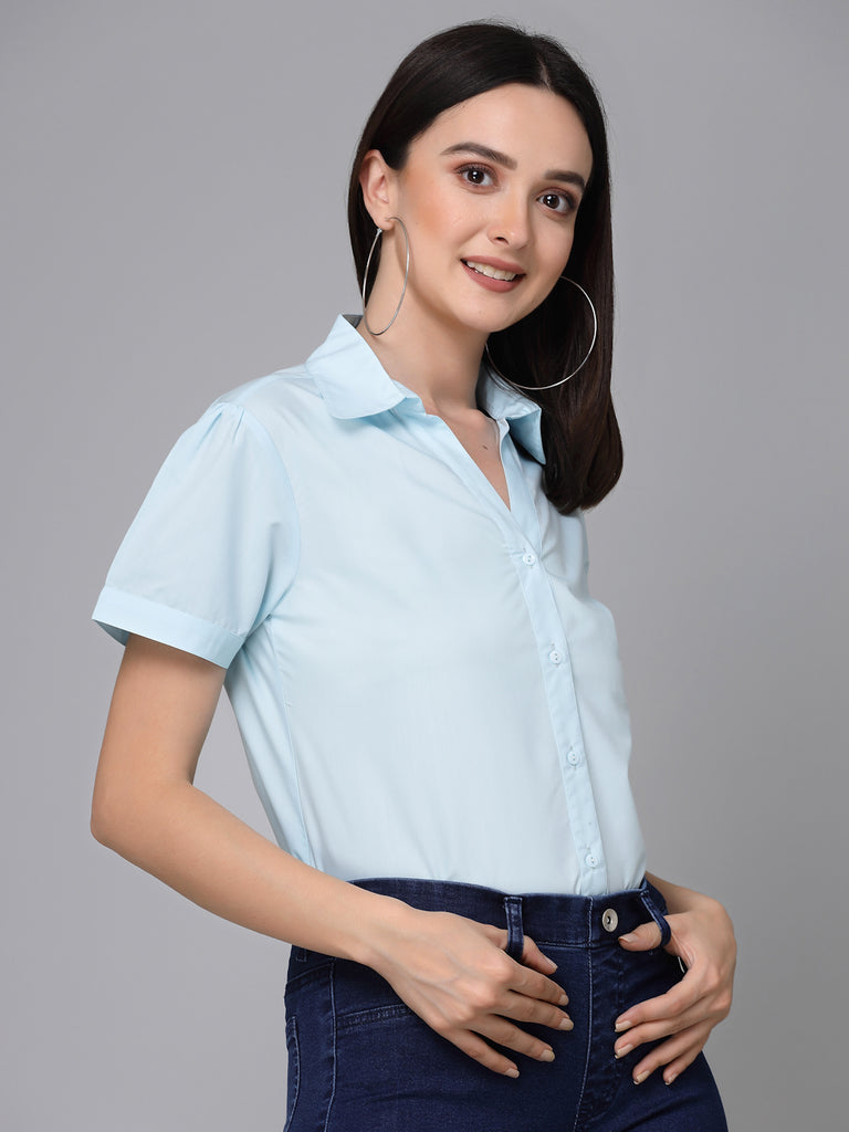 Style Quotient Women Light Blue Cotton Blend Formal Short Sleeve Shirt-Shirts-StyleQuotient