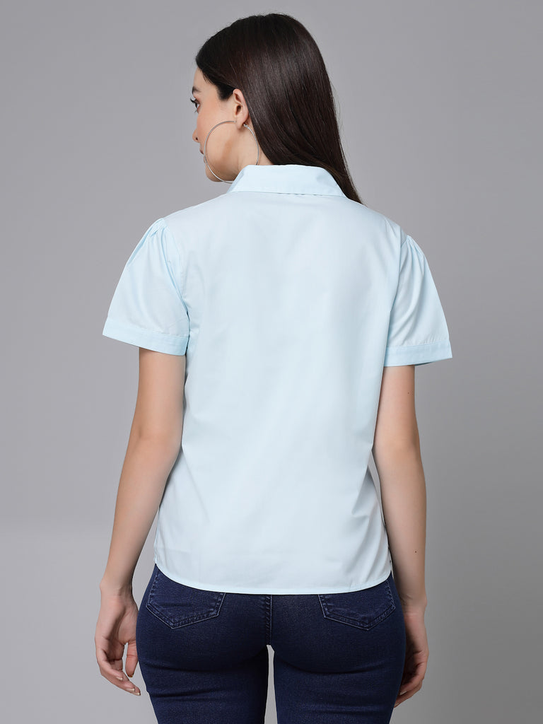 Style Quotient Women Light Blue Cotton Blend Formal Short Sleeve Shirt-Shirts-StyleQuotient