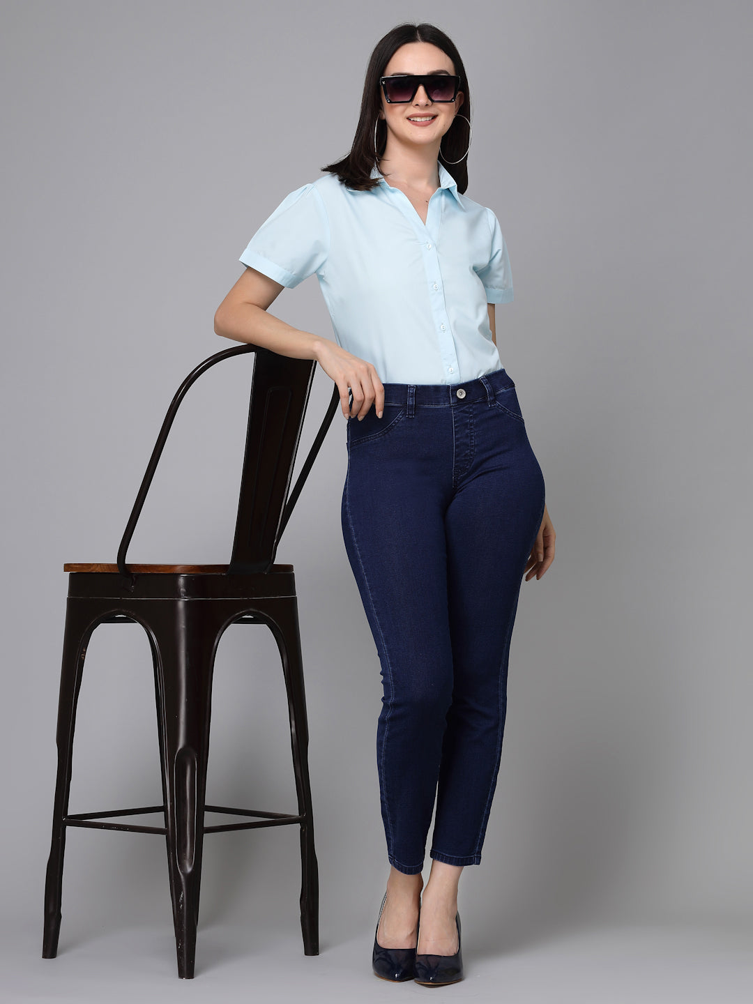 Style Quotient Women Light Blue Cotton Blend Formal Short Sleeve Shirt-Shirts-StyleQuotient