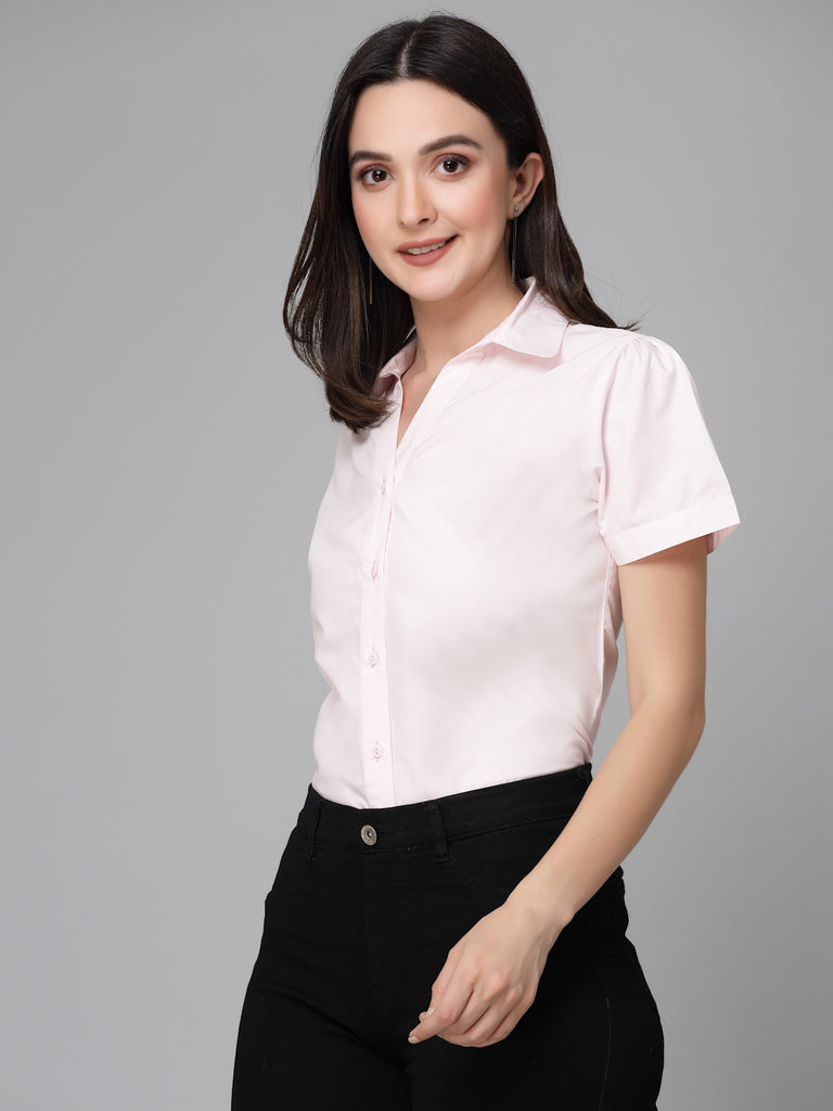 Style Quotient Women Light Pink Cotton Blend Formal Short Sleeve Shirt-Shirts-StyleQuotient