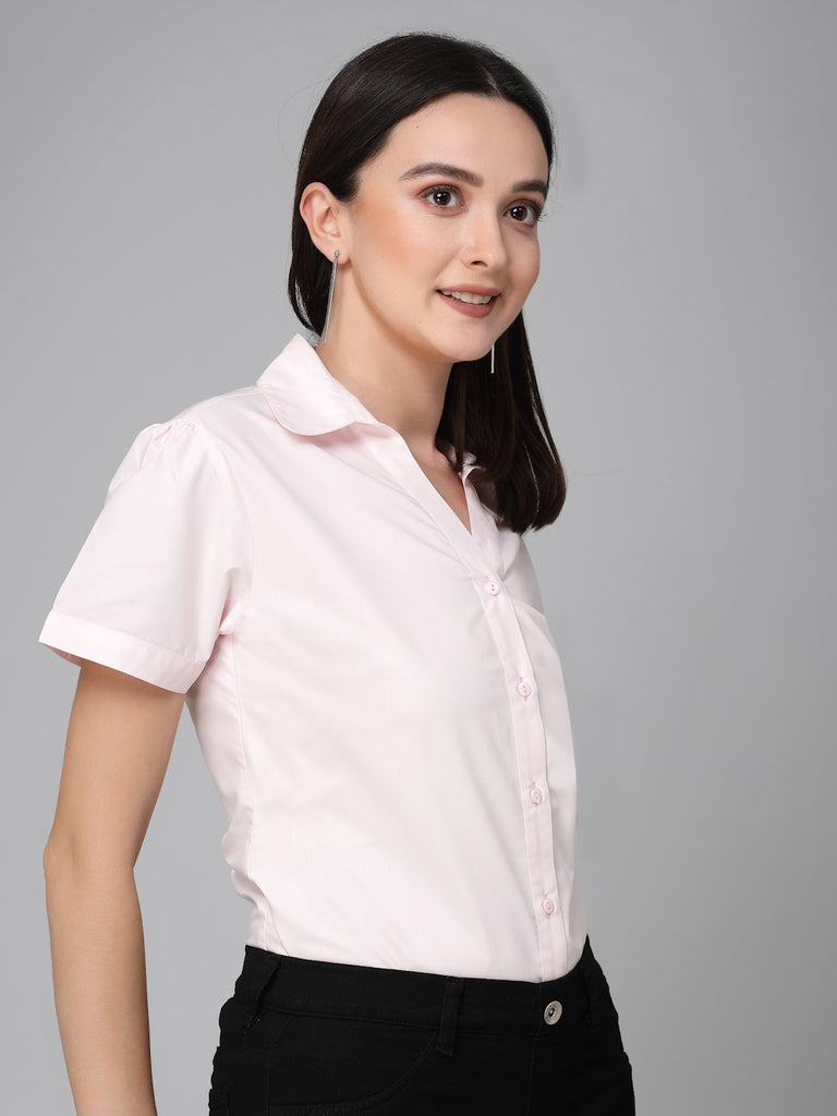 Style Quotient Women Light Pink Cotton Blend Formal Short Sleeve Shirt-Shirts-StyleQuotient