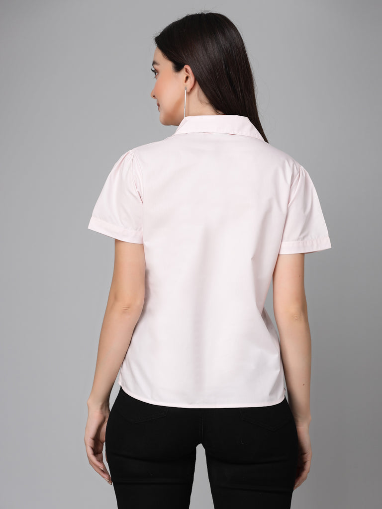 Style Quotient Women Light Pink Cotton Blend Formal Short Sleeve Shirt-Shirts-StyleQuotient