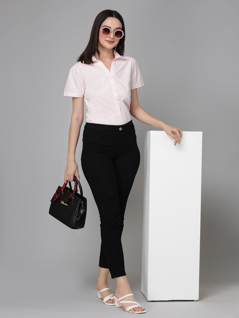 Style Quotient Women Light Pink Cotton Blend Formal Short Sleeve Shirt-Shirts-StyleQuotient