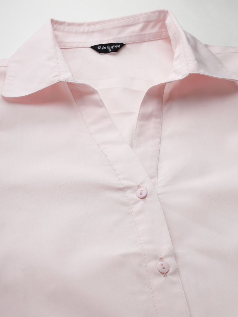 Style Quotient Women Light Pink Cotton Blend Formal Short Sleeve Shirt-Shirts-StyleQuotient