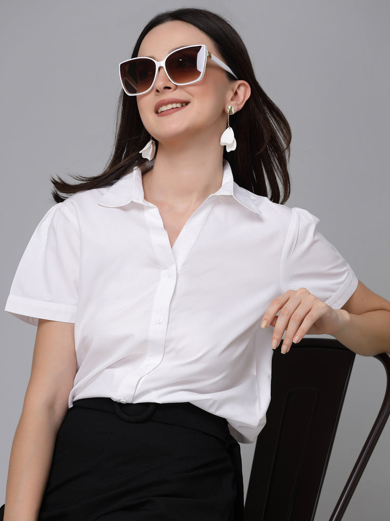 Style Quotient Women White Cotton Blend Formal Short Sleeve Shirt-Shirts-StyleQuotient