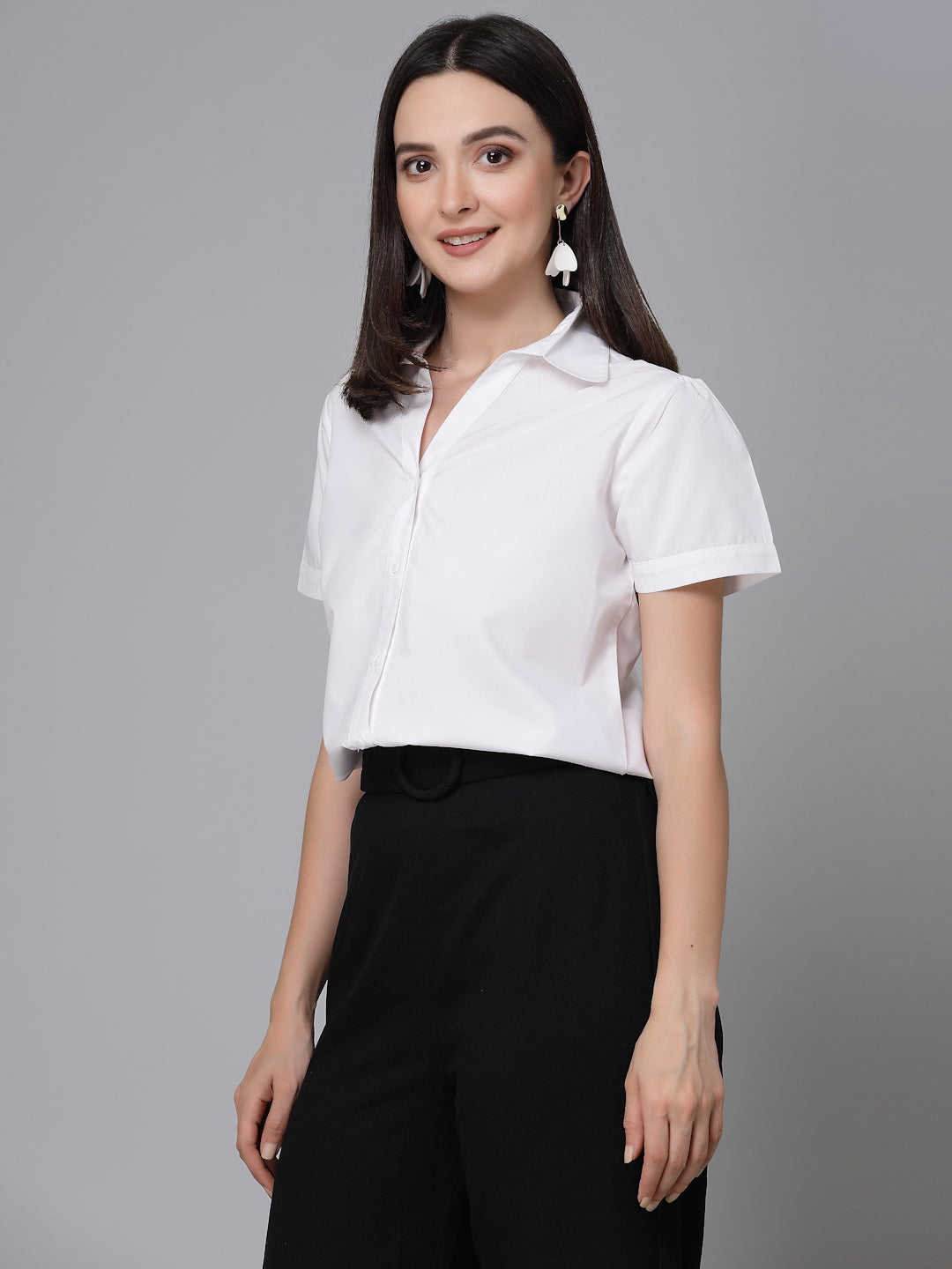 Style Quotient Women White Cotton Blend Formal Short Sleeve Shirt-Shirts-StyleQuotient