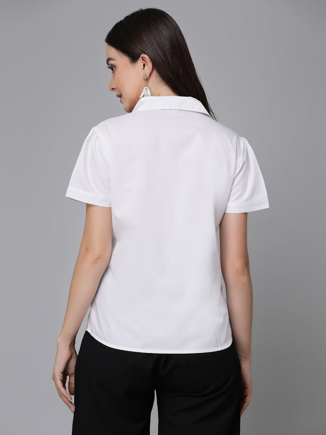 Style Quotient Women White Cotton Blend Formal Short Sleeve Shirt-Shirts-StyleQuotient