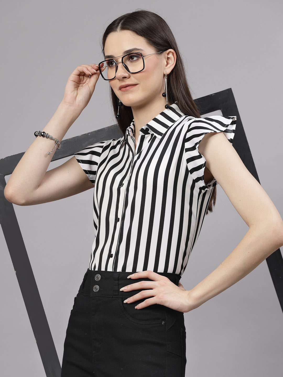 Style Quotient Women Black and White Formal Short Cap Sleeve Shirt-Shirts-StyleQuotient