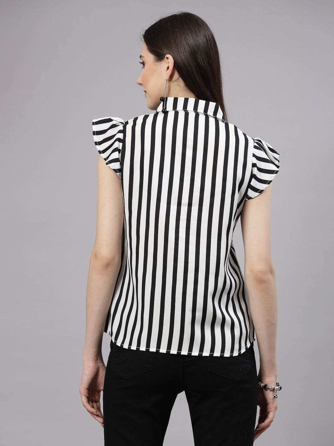 Style Quotient Women Black and White Formal Short Cap Sleeve Shirt-Shirts-StyleQuotient