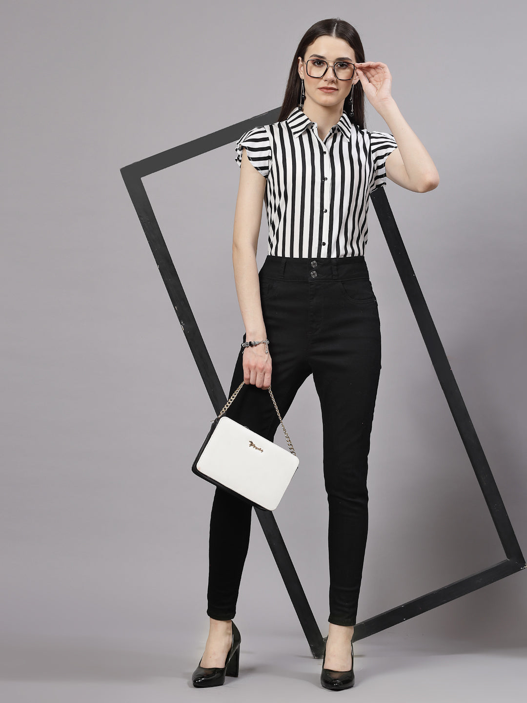 Style Quotient Women Black and White Formal Short Cap Sleeve Shirt-Shirts-StyleQuotient