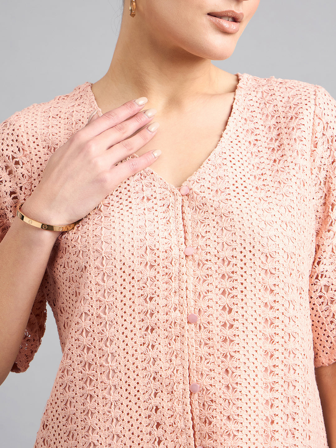 Style Quotient Women Peach Lace Casual Shirt Style Top-Tops-StyleQuotient