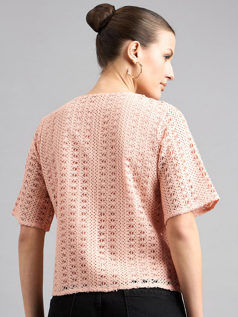 Style Quotient Women Peach Lace Casual Shirt Style Top-Tops-StyleQuotient