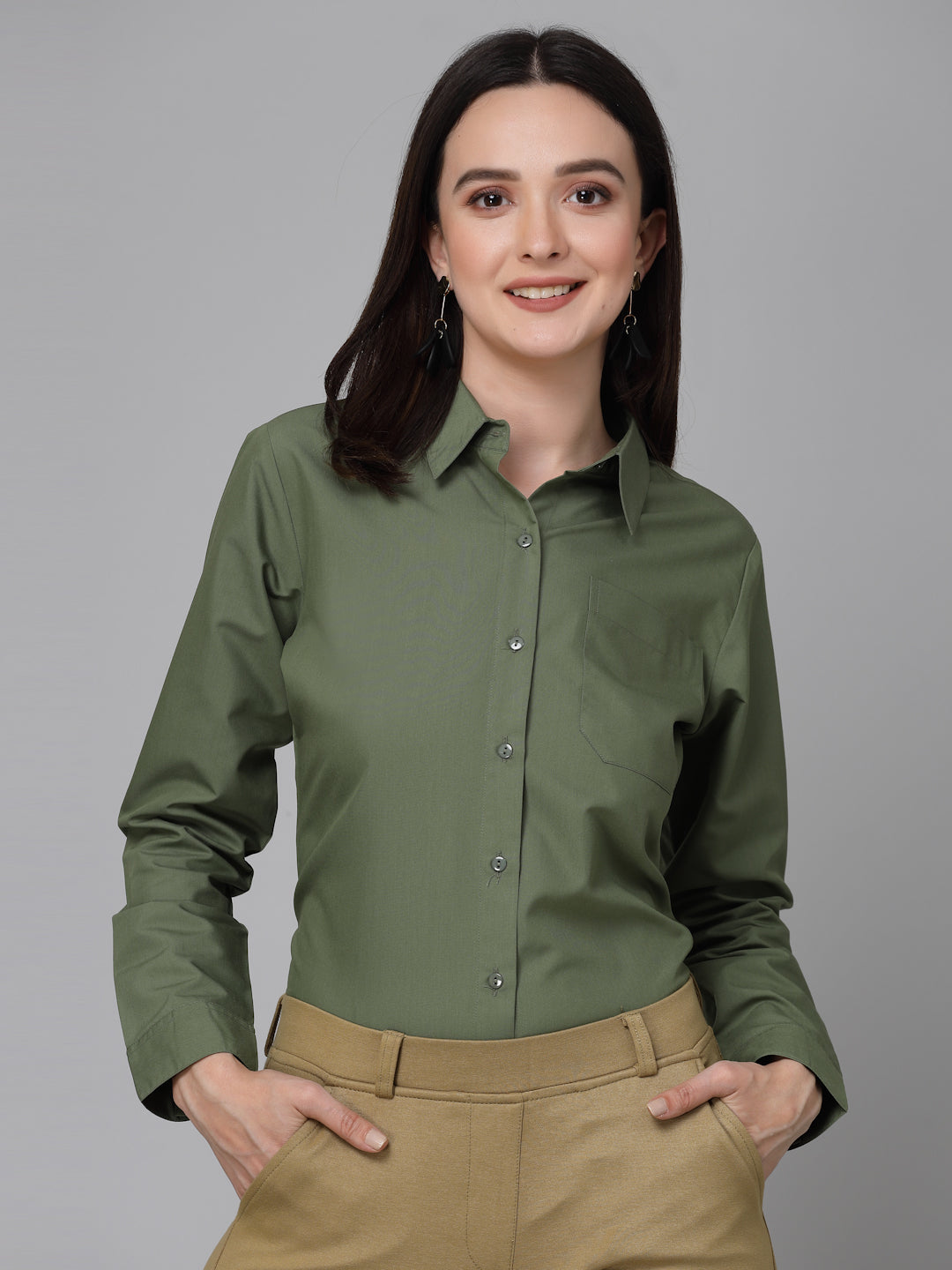 Style Quotient Women Olive Cotton Blend Formal Long Sleeve Shirt-Shirts-StyleQuotient