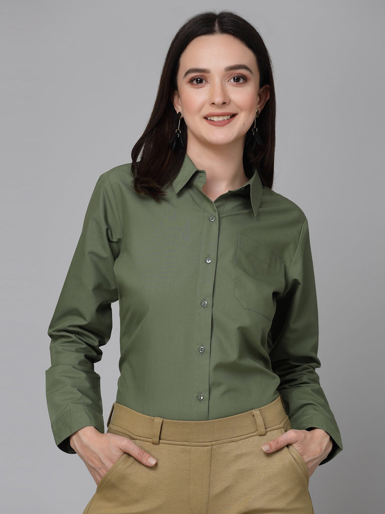 Style Quotient Women Olive Cotton Blend Formal Long Sleeve Shirt-Shirts-StyleQuotient