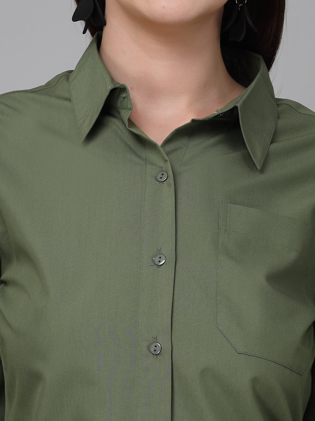 Style Quotient Women Olive Cotton Blend Formal Long Sleeve Shirt-Shirts-StyleQuotient