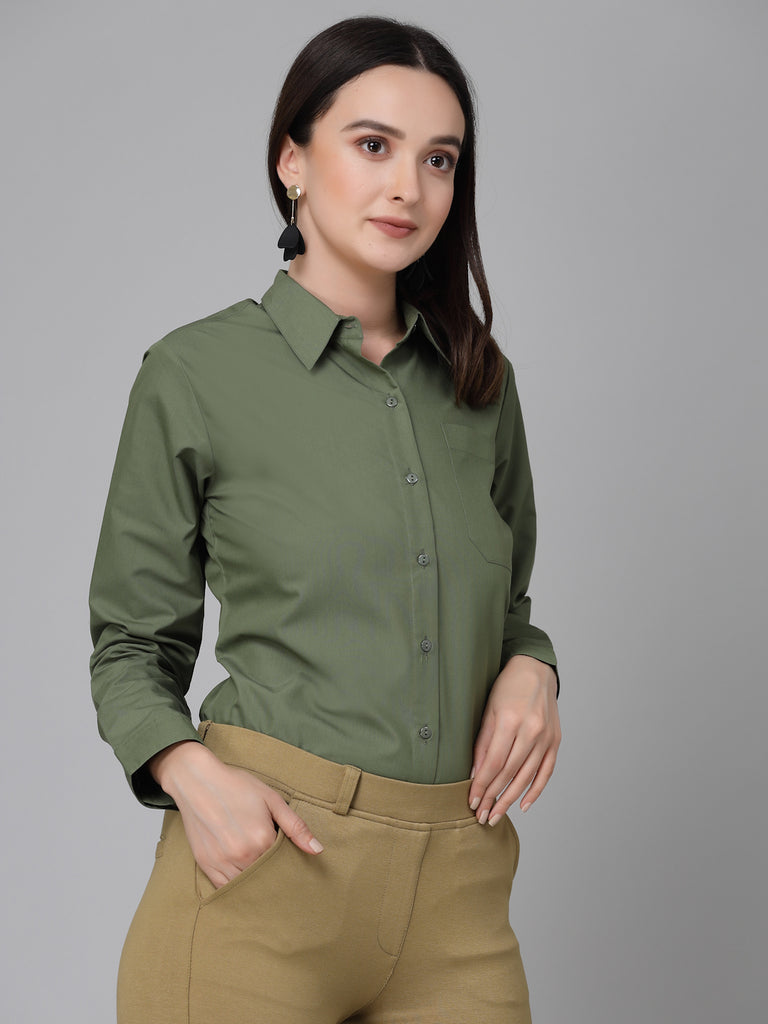 Style Quotient Women Olive Cotton Blend Formal Long Sleeve Shirt-Shirts-StyleQuotient