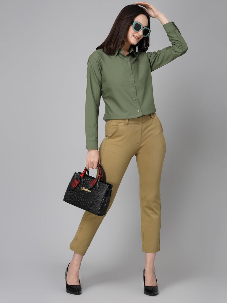 Style Quotient Women Olive Cotton Blend Formal Long Sleeve Shirt-Shirts-StyleQuotient