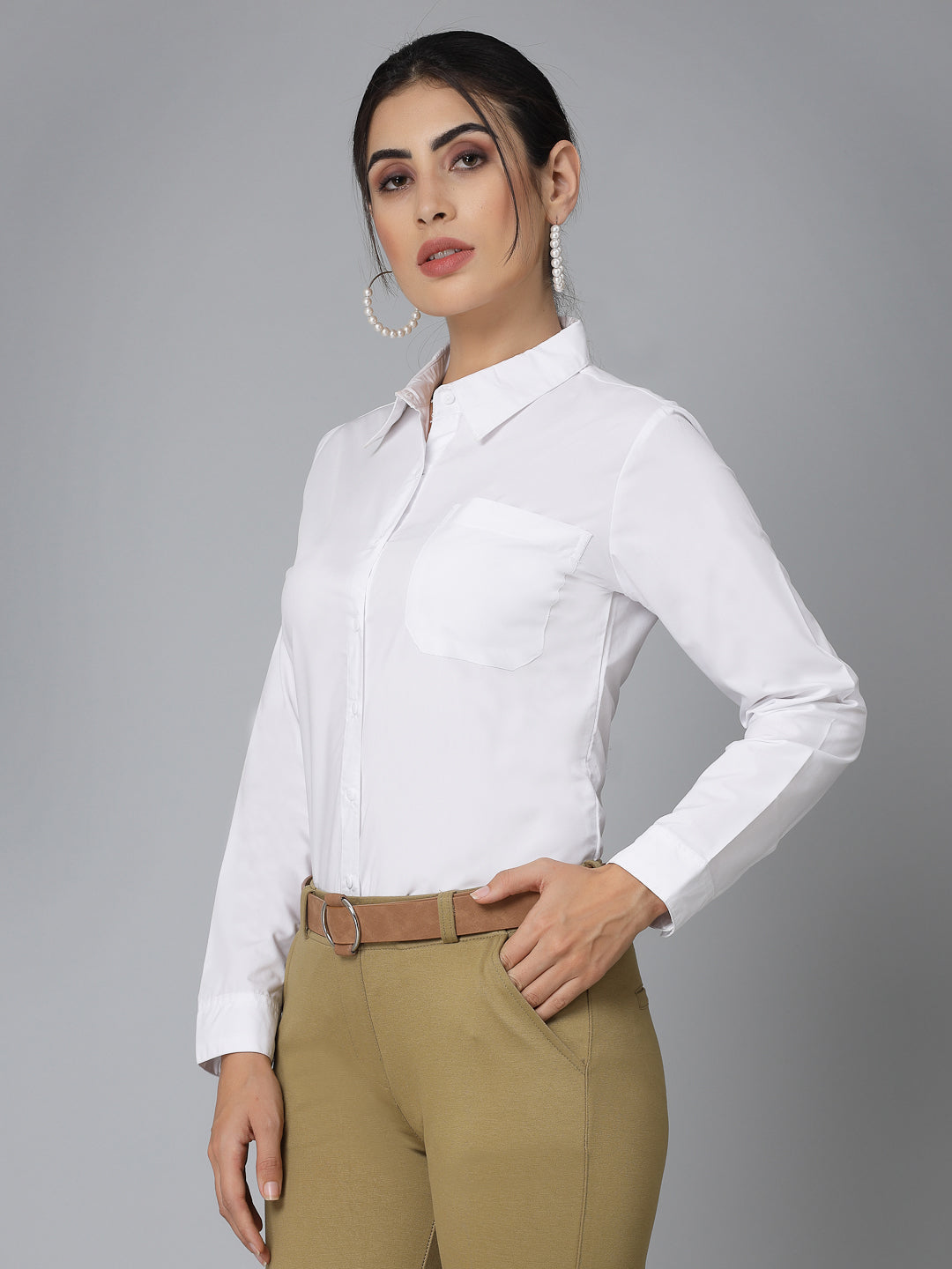 Style Quotient Women White Cotton Blend Formal Long Sleeve Shirt-Shirts-StyleQuotient