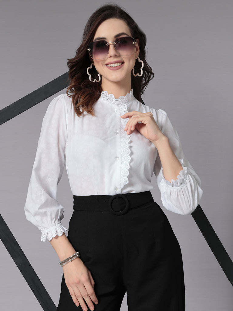 Style Quotient Women White Self Design Polycotton Formal Shirt-Shirts-StyleQuotient