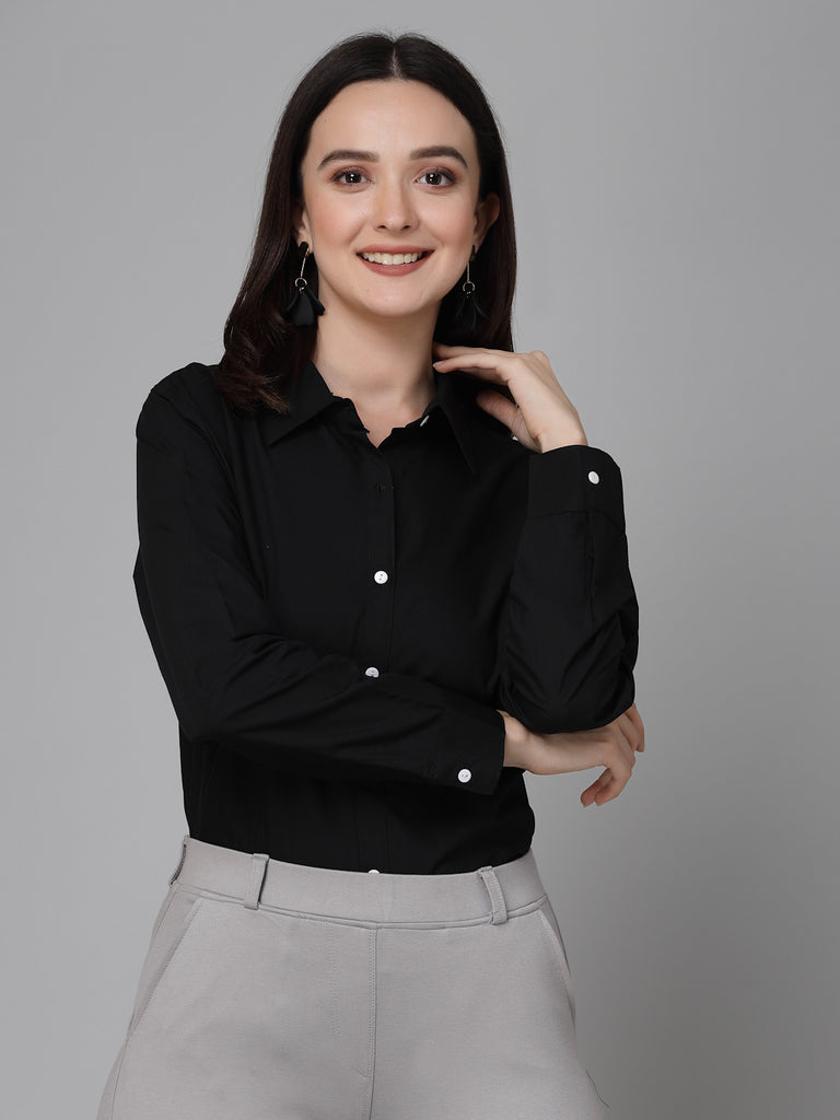 Style Quotient Women Solid Black Polycotton Formal Shirt-Shirts-StyleQuotient