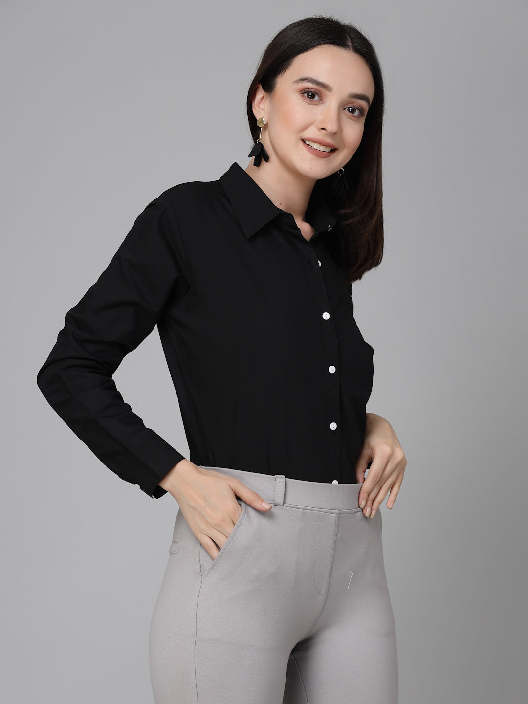 Style Quotient Women Solid Black Polycotton Formal Shirt-Shirts-StyleQuotient