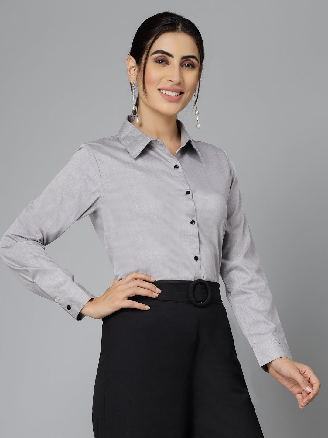 Style Quotient Women Self Design Black Polyviscose Regular Formal Shirt-Shirts-StyleQuotient