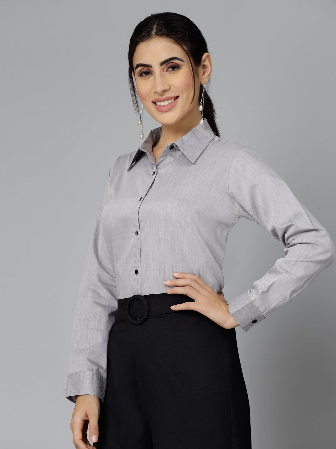 Style Quotient Women Self Design Black Polyviscose Regular Formal Shirt-Shirts-StyleQuotient