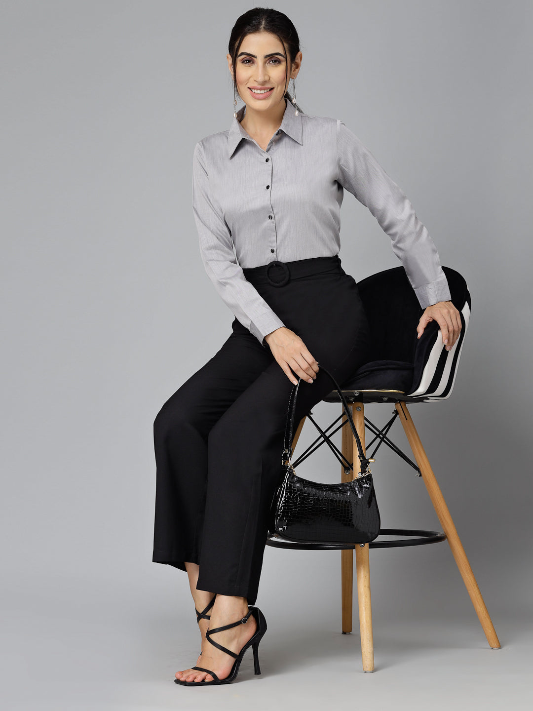 Style Quotient Women Self Design Black Polyviscose Regular Formal Shirt-Shirts-StyleQuotient