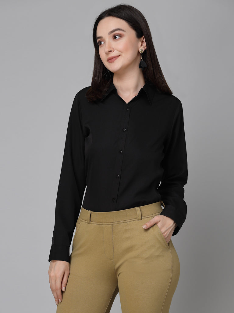 Style Quotient Women Solid Black Polycrepe Formal Shirt-Shirts-StyleQuotient