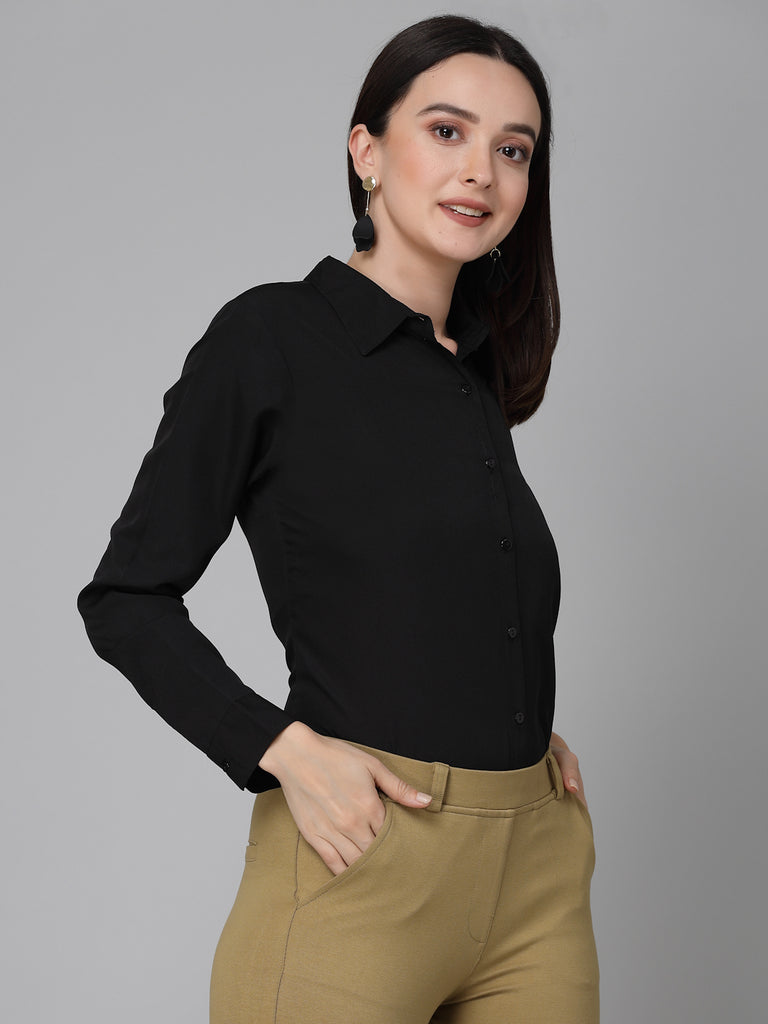 Style Quotient Women Solid Black Polycrepe Formal Shirt-Shirts-StyleQuotient