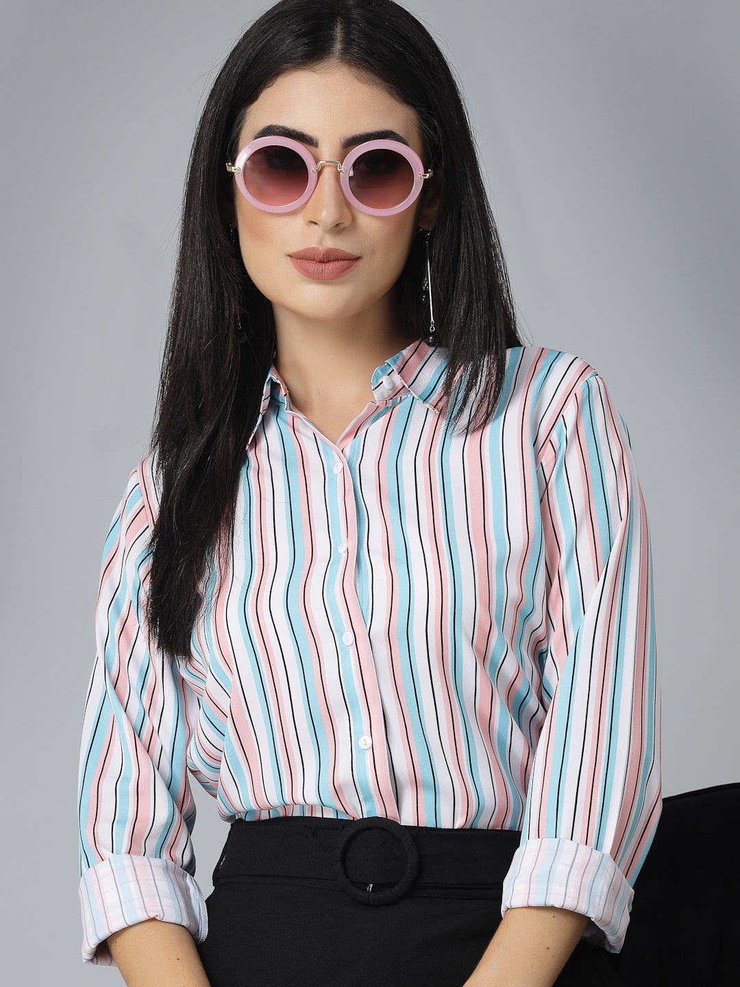 Style Quotient Women Pink and Blue Striped Regular Formal Shirt-Shirts-StyleQuotient