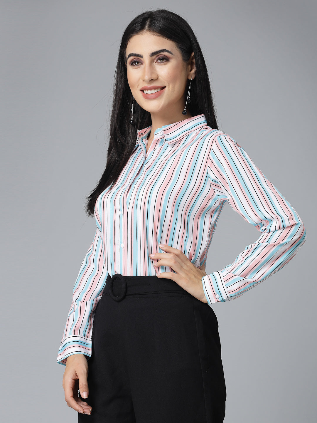 Style Quotient Women Pink and Blue Striped Regular Formal Shirt-Shirts-StyleQuotient