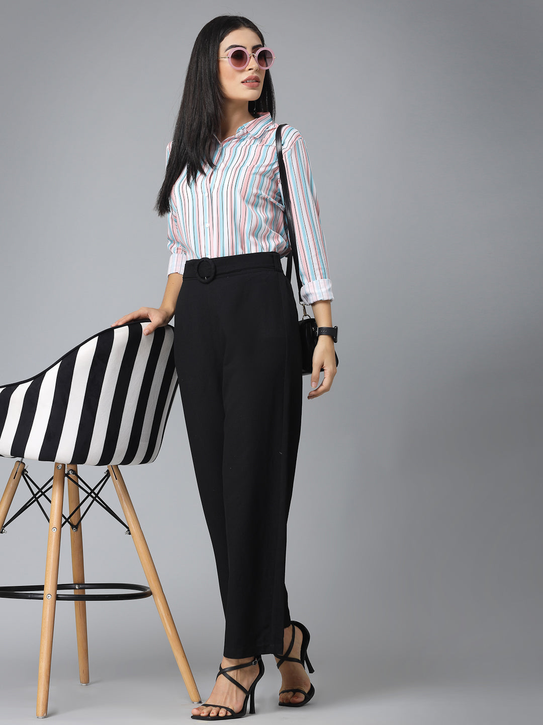 Style Quotient Women Pink and Blue Striped Regular Formal Shirt-Shirts-StyleQuotient