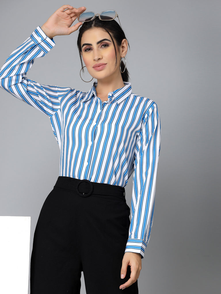 Style Quotient Women White and Blue Striped Regular Formal Shirt-Shirts-StyleQuotient